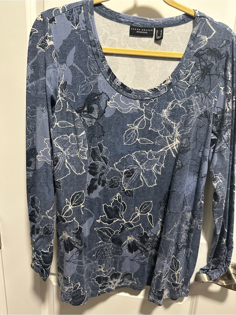 Susan Graver Weekend Scoop Neck Top in Light Blue and Yellow Trim
